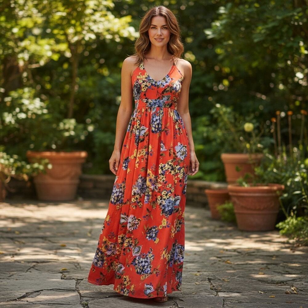 Miss Avenue Floral Maxi Dress Womens Criss Cross Back Orange Blue Yellow Size M